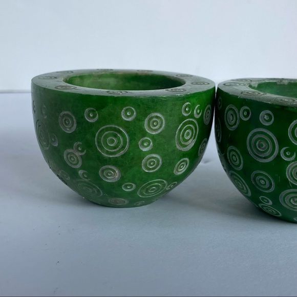 Soapstone Votive Candle Holders 2 Kelly Green Carved Round Etched swirled EUC - Picture 12 of 14